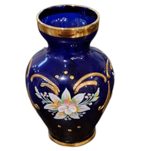 Vintage Mini Cobalt Blue Glass Vase, Gold Trim, 3D Hand painted Floral Design - Picture 6 of 10